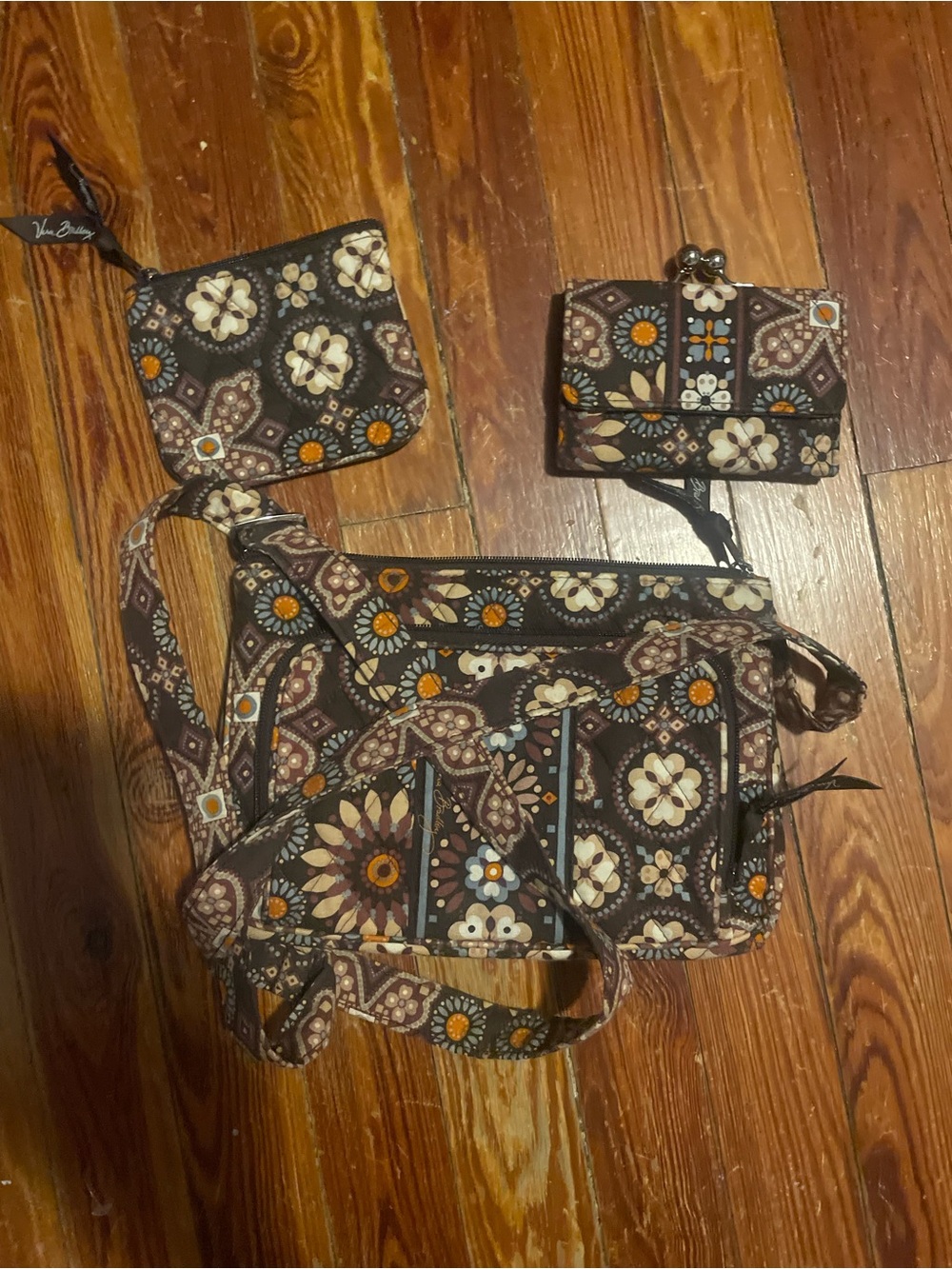 Vera Bradley Brown Floral Quilted Crossbody Set with Coin Purse and Wallet